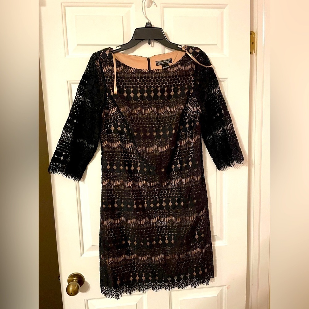 Jessica Howard Womans Black Lace Dress Sz 6 Tan Lining 3/4 Sheer Sleeves Cotton